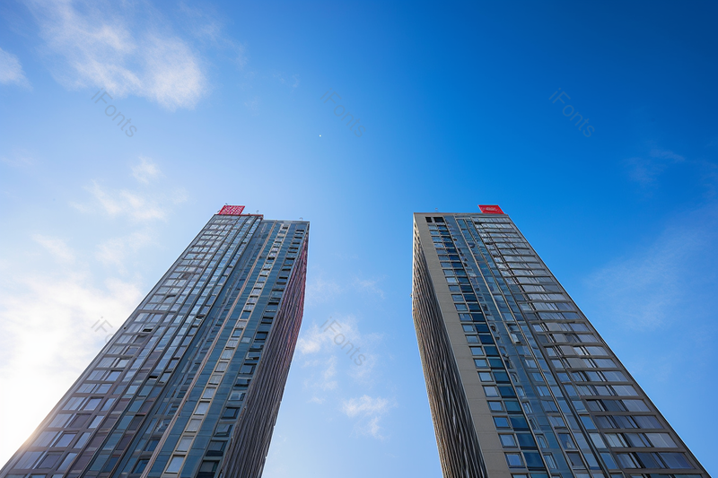 对称商务城市都市蓝色玻璃幕墙摩天大楼写字楼办公商业仰视摄影,高清,摄影图,摄影图片,图片大全,摄影图免费下载